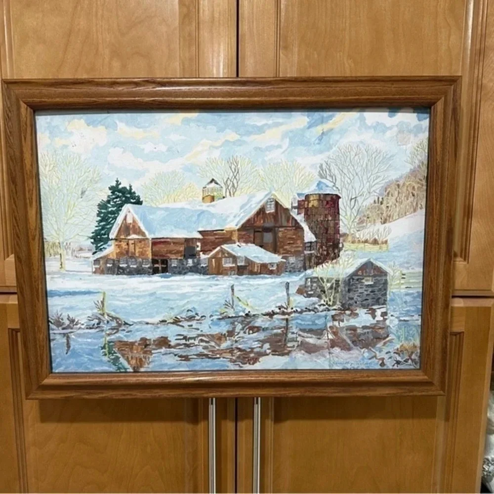 painting winter landscape, farm